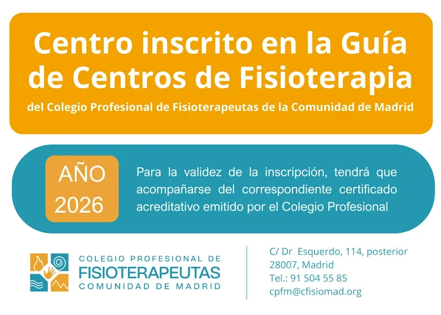 Certificado de centro inscrito en la Guía de Centros de Fisioterapia del Colegio Profesional de Fisioterapeutas de la Comunidad de Madrid, año 2026